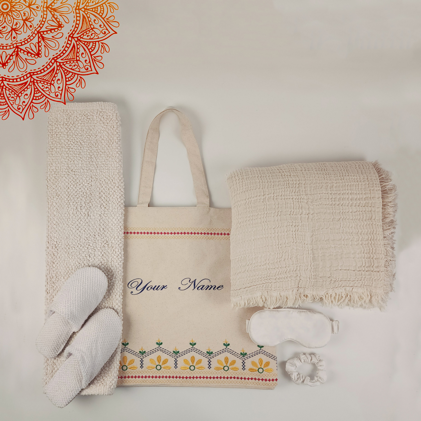 Gift set featuring a cozy throw for your aesthetic corner, ideal for your bed or sofa, perfect for Netflix nights. Includes anti-slip white slippers, a door mat, eye mask, and scrunchie, along with a complimentary personalized tote bag.