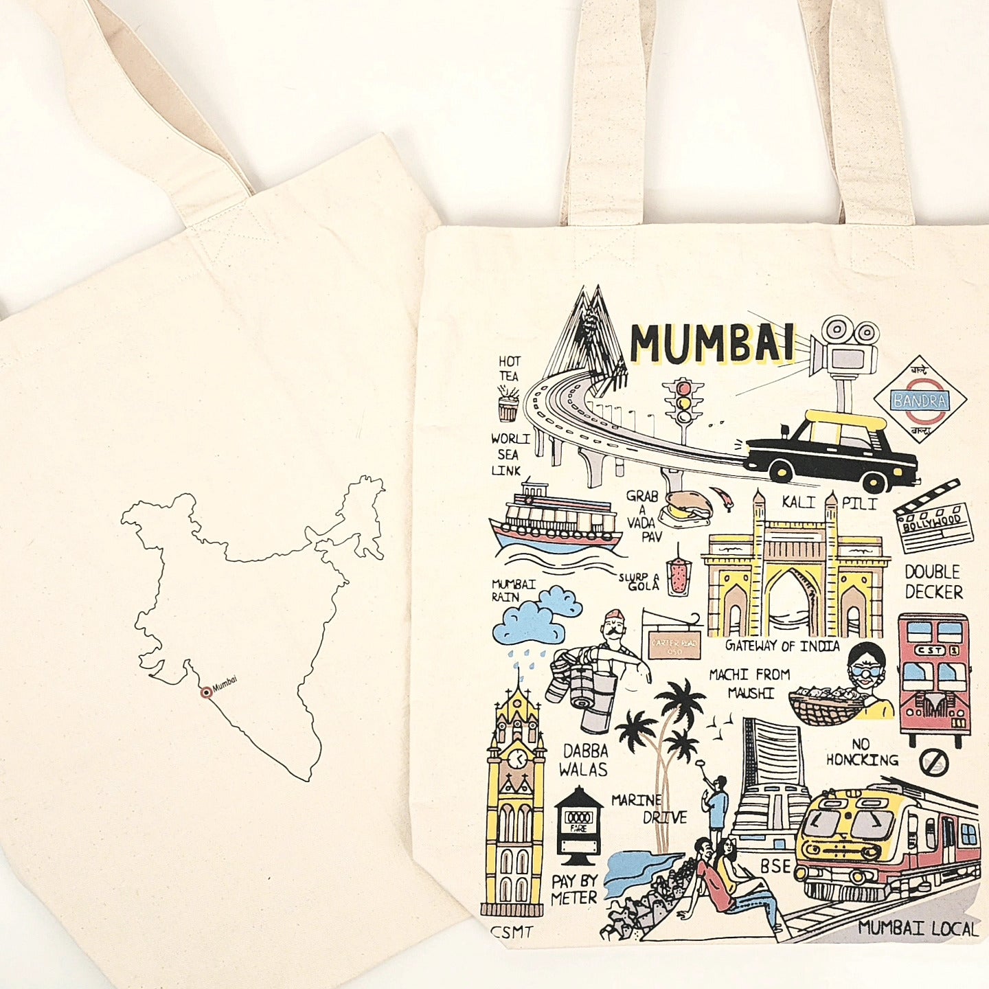 Mumbai, bombay , tote , bag, 100% cotton , cotton seeds visible, shopping bag , market bag , college bag , office bag , white, off white , multi color , spacious , quirky , colorful , printed , everyday use , fabric tote bag , handmade , hand loom , doodle , art inside zipper , pocket inside, zip