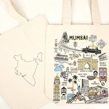 Mumbai, bombay , tote , bag, 100% cotton , cotton seeds visible, shopping bag , market bag , college bag , office bag , white, off white , multi color , spacious , quirky , colorful , printed , everyday use , fabric tote bag , handmade , hand loom , doodle , art inside zipper , pocket inside, zip