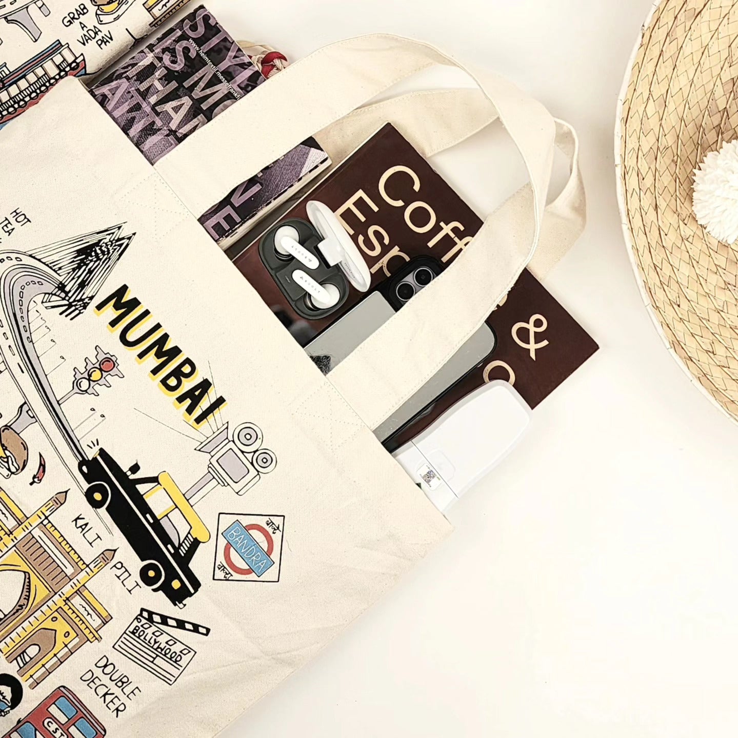 Mumbai, bombay , tote , bag, 100% cotton , cotton seeds visible, shopping bag , market bag , college bag , office bag , white, off white , multi color , spacious , quirky , colorful , printed , everyday use , fabric tote bag , handmade , hand loom , doodle , art 