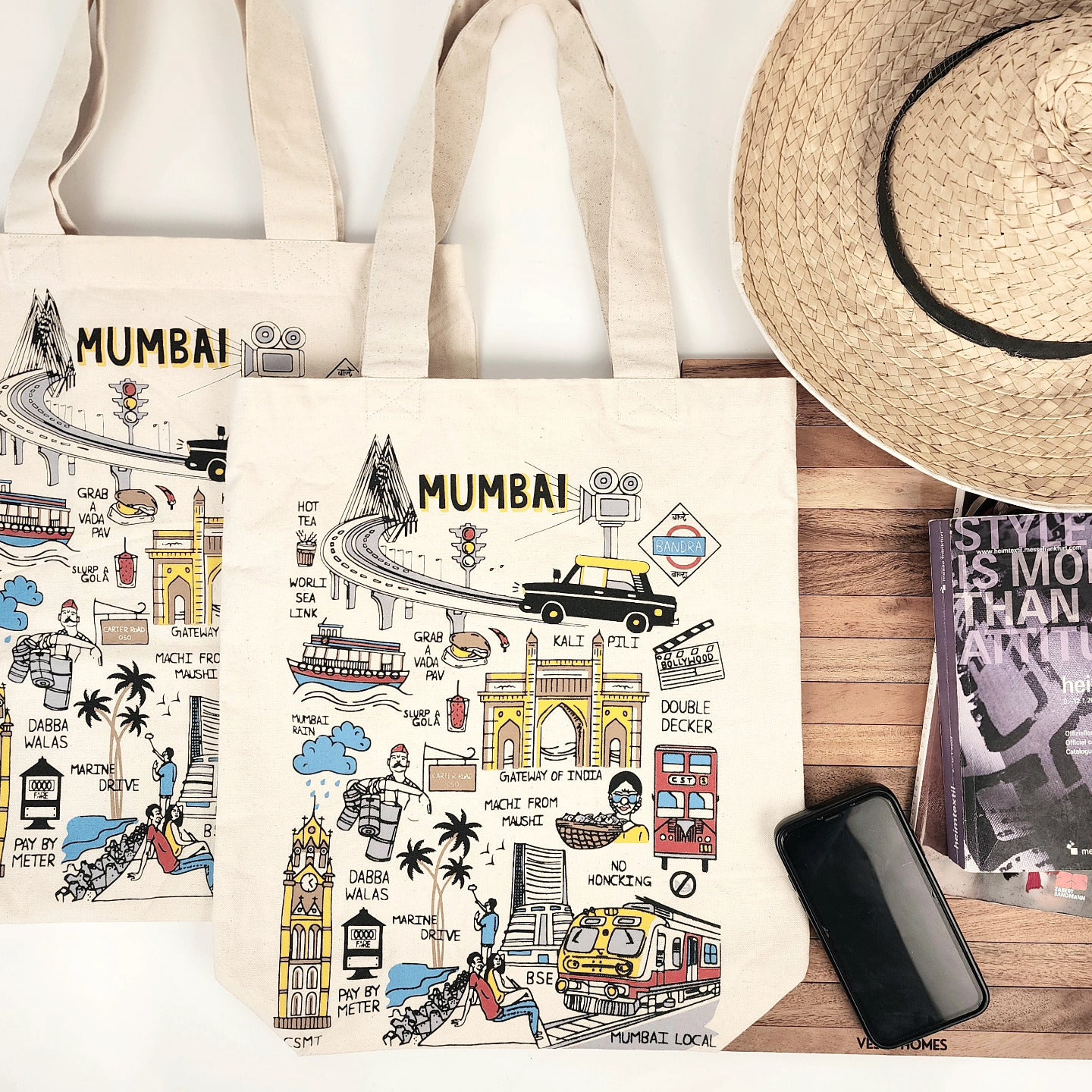 Mumbai, bombay , tote , bag, 100% cotton , cotton seeds visible, shopping bag , market bag , college bag , office bag , white, off white , multi color , spacious , quirky , colorful , printed , everyday use , fabric tote bag , handmade , hand loom , doodle , art inside zipper , pocket inside, zip