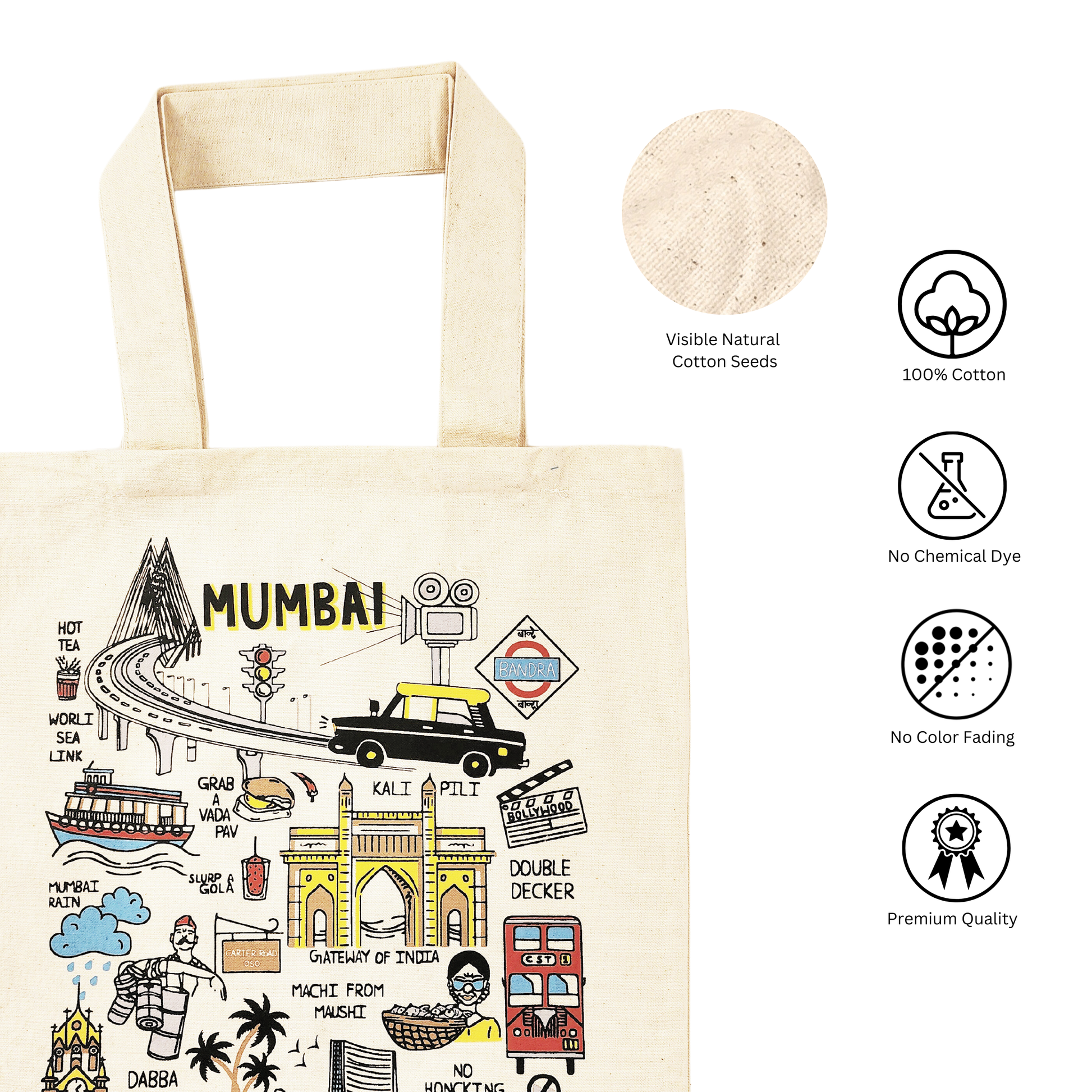 Mumbai, bombay , tote , bag, 100% cotton , cotton seeds visible, shopping bag , market bag , college bag , office bag , white, off white , multi color , spacious , quirky , colorful , printed , everyday use , fabric tote bag , handmade , hand loom , doodle , art inside zipper , pocket inside, zip