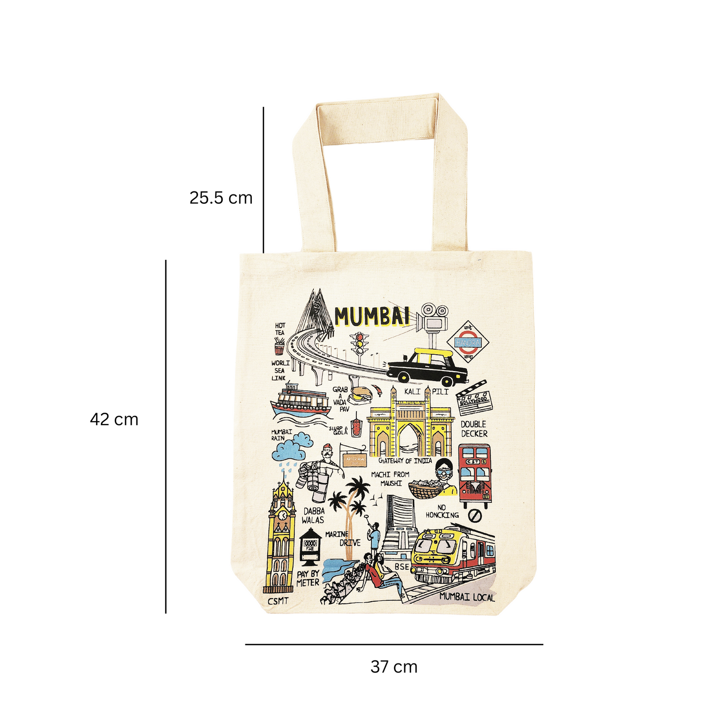 Mumbai, bombay , tote , bag, 100% cotton , cotton seeds visible, shopping bag , market bag , college bag , office bag , white, off white , multi color , spacious , quirky , colorful , printed , everyday use , fabric tote bag , handmade , hand loom , doodle , art inside zipper , pocket inside, zip