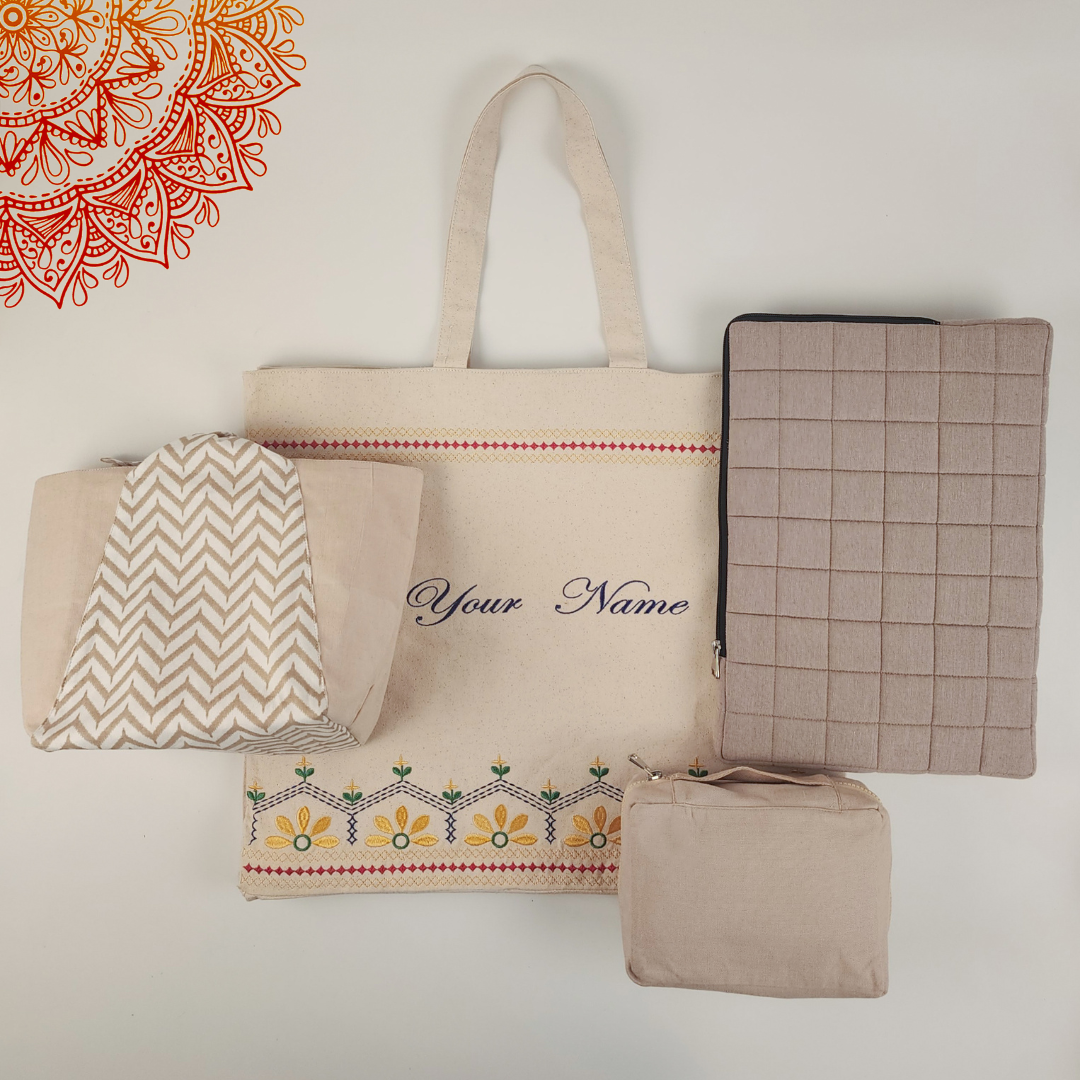 Stylish lunch bag with a tech organizer to keep you organized, featuring a laptop sleeve for everyday office use. This set makes a perfect gift, and during this festival season, enjoy a complimentary personalized/customized embroidered tote bag.