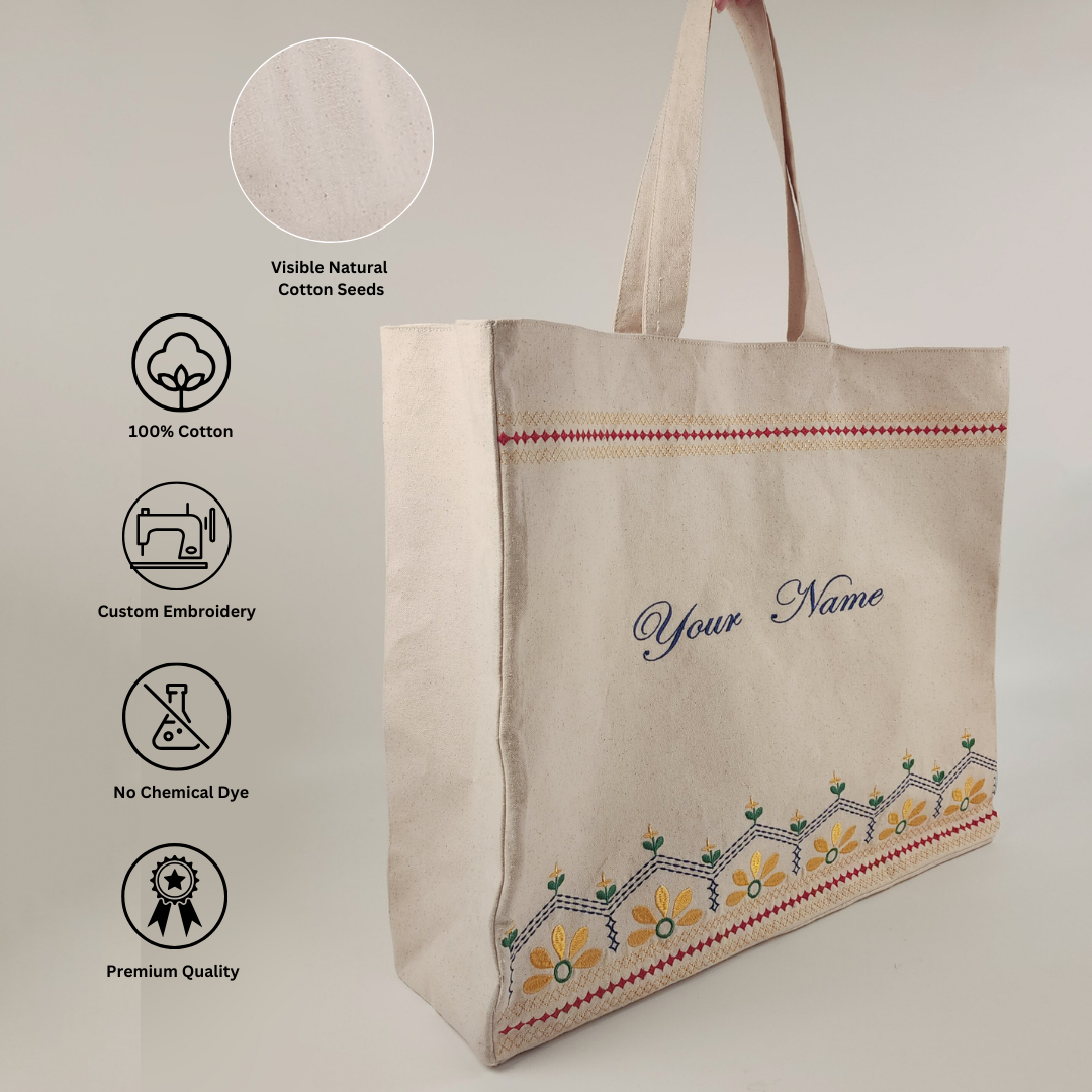 100% organic cotton tote bag with visible cotton seeds, free from chemicals. Featuring detailed embroidery, this eco-friendly bag offers a natural, sustainable choice for everyday use while highlighting a raw, earthy aesthetic.