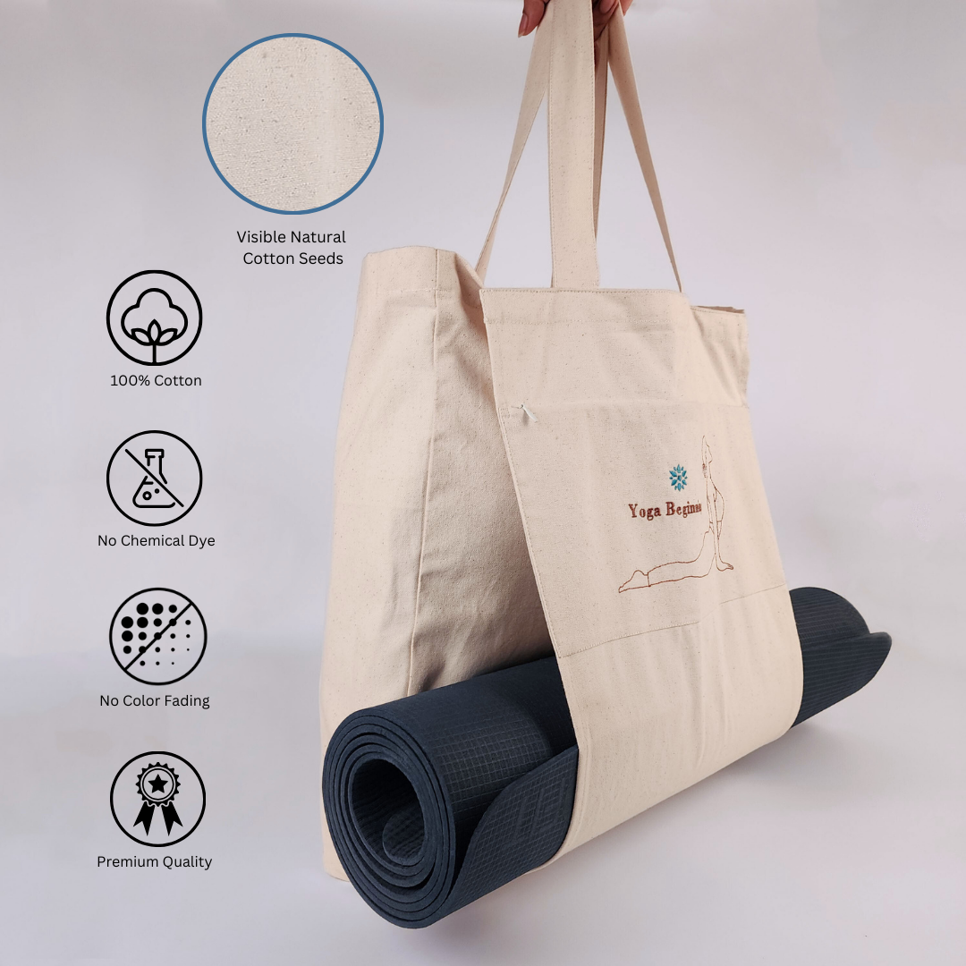 Durable and stylish yoga bag with spacious compartments, designed to carry your yoga mat and essentials. Perfect for everyday use, offering convenience and comfort for your yoga sessions. Sustainable with 100% organic cotton, even the cotton seeds visible on it. no chemical dye used, no color fading, and it is premium quality 